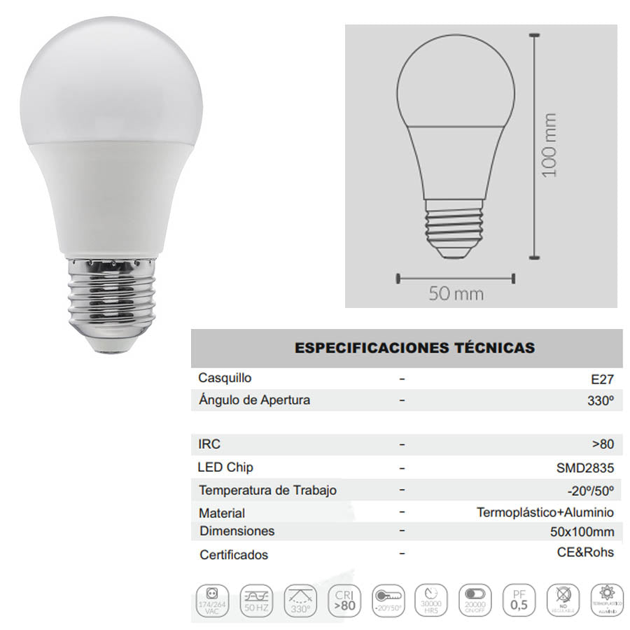 Bombilla LED E27 Estándar 8W