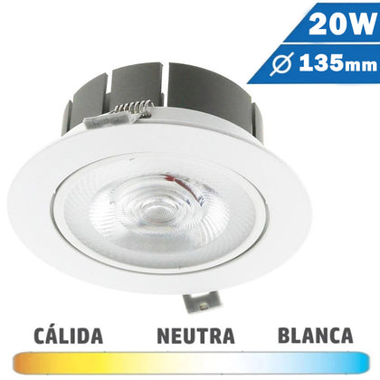 Downlight LED 20W redondo blanco con 135mm de diámetro luz cálida, neutra o blanca.