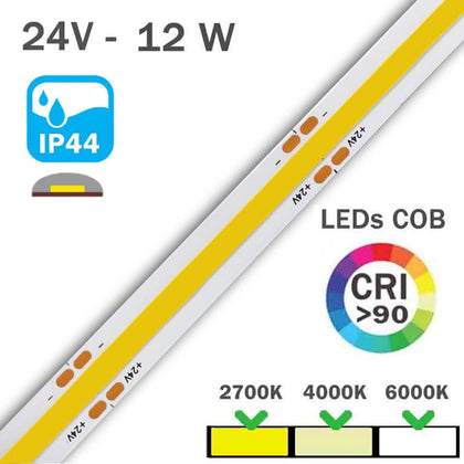 Tira LED COB tipo lineal siliconada IP44, con protección superior 
