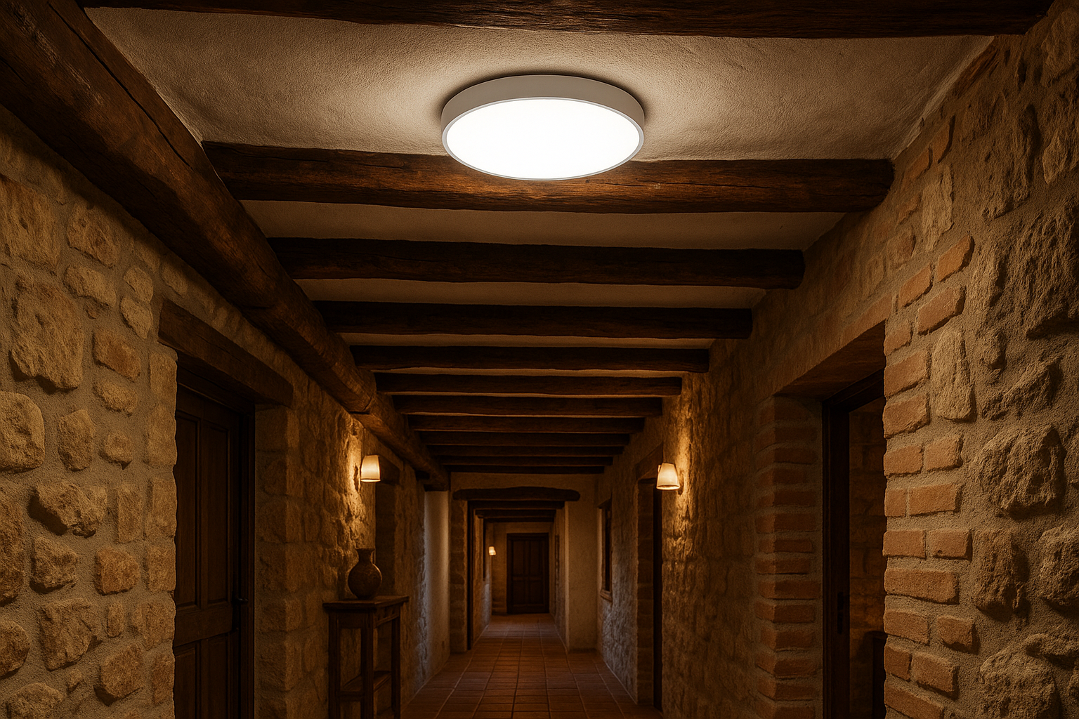 plafón de LED redondo blanco instalado en un pasillo de una casa rural
