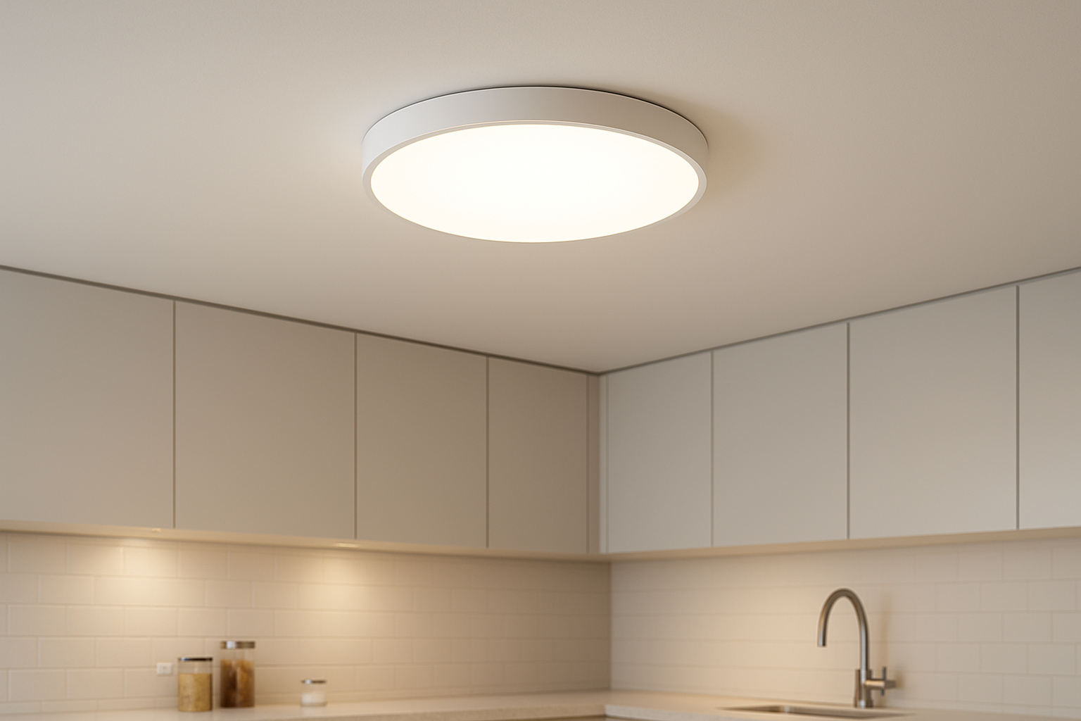 Plafón LED de superficie redondo blanco 225mm instalado en el techo de una cocina, para mostrar la luminosidad