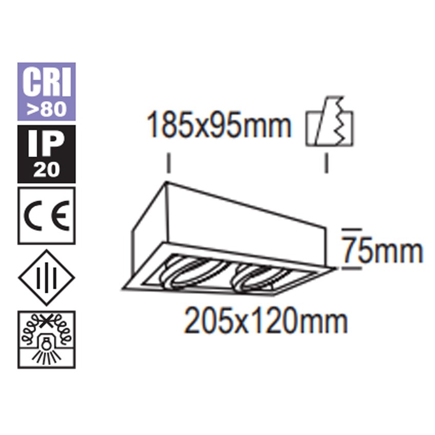 Medidas de empotrado kardan de 2 luces con caja gris y negro.