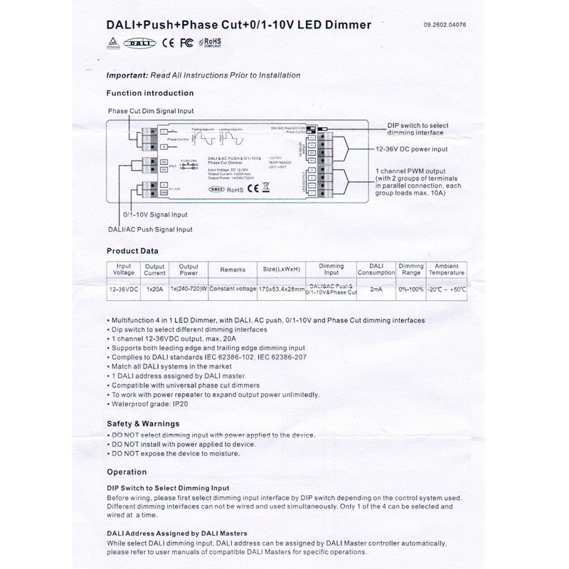 Regulador Universal 20A 12/24V DALI PUSH TRIAC 0-10V