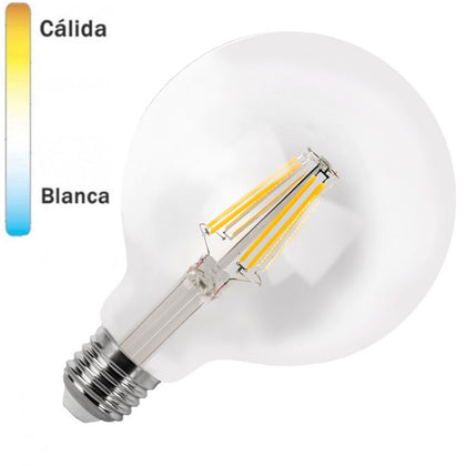 Bombilla LED E27 Globo G95mm Filamento Transparente 8W