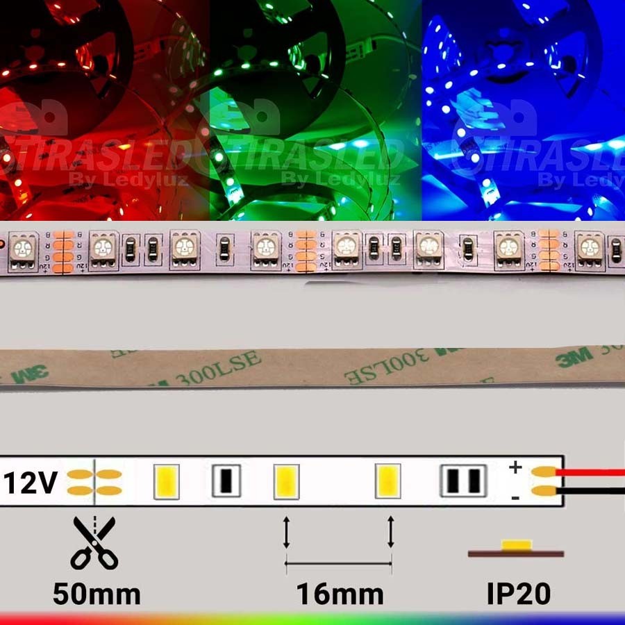 TIRA LED 12V 14,4W 60 LEDs/m 5050 LUZ COLOR NARANJA Longtitud Metros tira  LED Longitud de la tira LED 1 Metro Conexión cable longitud Longitud cable  150mm