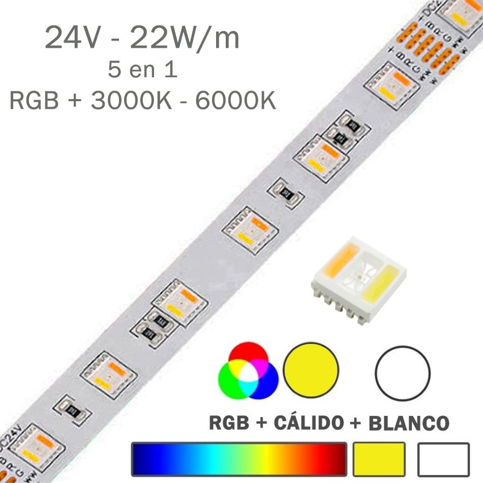 Tira de led de 5 SMD 5050 60 led / m 4 en 1 RGB 24v - Blanco calido