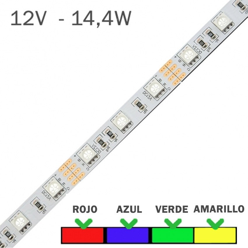 TIRA DE LED 12V 14,4W/m 60 LEDs/m IP20 LUZ CALIDA 2700K Longtitud Metros  tira LED Longitud de la tira LED 1 Metro Conexión cable longitud Longitud