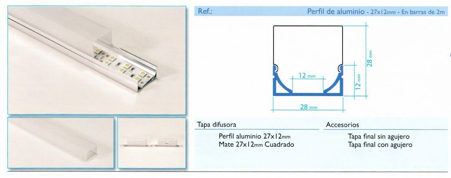 PERFIL DE ALUMINIO SUPERFICIE PARA TIRAS LED CON DIFUSOR CUADRADO