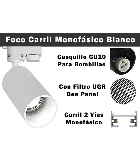 Foco Carril Monofásico Blanco Cilíndrico Long para GU10