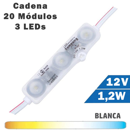 Cadena 20 Módulos LED 1,2W 3 Diodos 12V 160º Luz Blanca