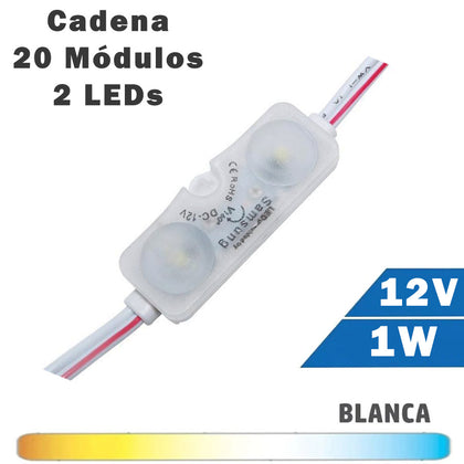 Cadena 20 Módulos LED 1W Mini 2 Diodos 12V 160º Luz Blanca