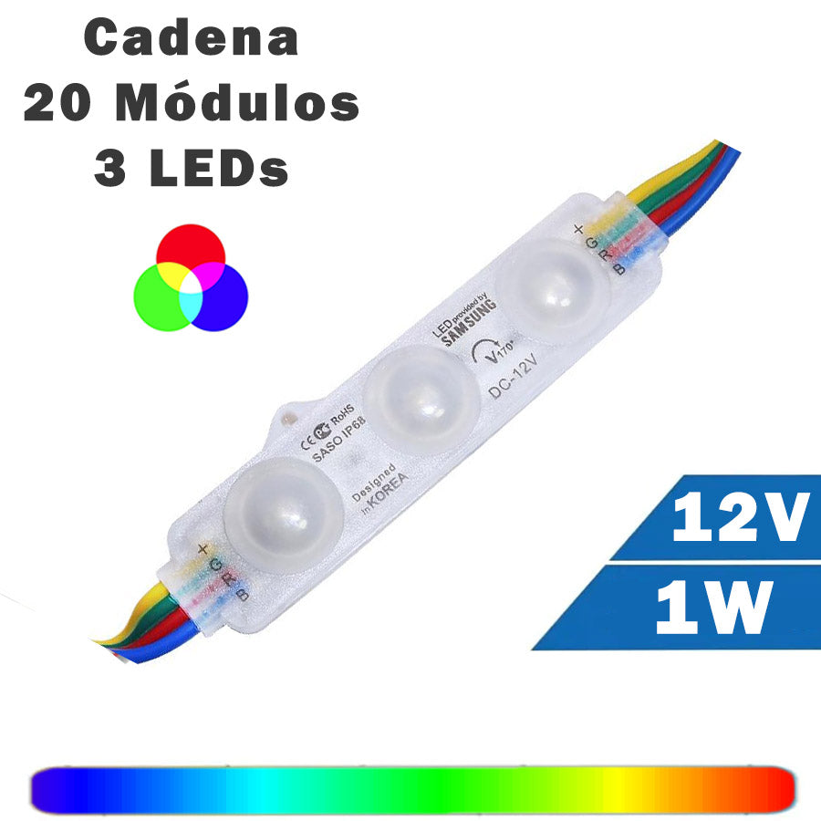 Cadena 20 Módulos LED 3 Diodos 1W 12V RGB