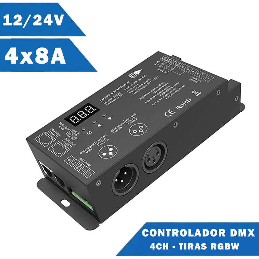 Controlador LED 4 x 8A DMX 512 para mesa de mezclas.