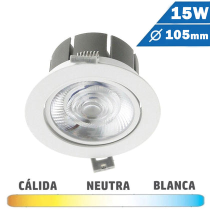 Downlight LED COB 15W redondo blanco para encastrar en techos con chip bridgelux 15W con 105mm diámetro.