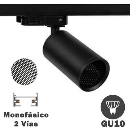 Foco Carril Monofásico Negro Cilindro Mini para GU10