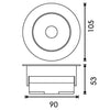 Medidas de foco para empotrar COB redondo blanco de 105mm diámetro. altura 53mm y corte de empotrar 90mm.