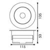 Medidas de downlight LED COB 20W 135mm de diámetro, con 53mm de altura y con corte de techo de 115mm.