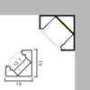 Medidas perfil aluminio con difusor plano recto, con una medida de 19x19 en color aluminio.