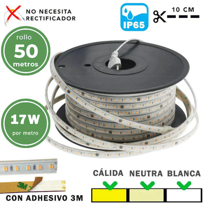 Rollo de 50 metros de tira LED 17W con adhesivo trasero luz cálida, neutra o blanca