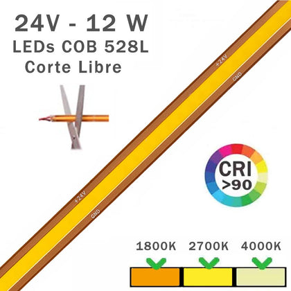 Tira LED COB corte libre 528 leds 24v 12w por metro lineal