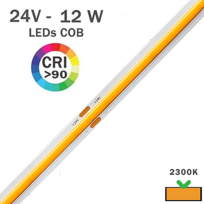 Tira LED 24V línea continua tipo COB en luz cálida 2300K 