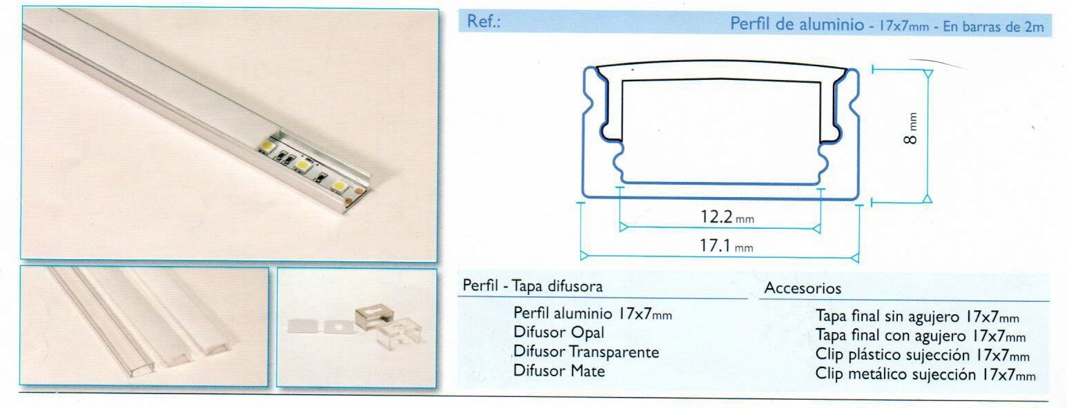 Difusor de perfil para tira LED de plástico de 3000 mm de longitud