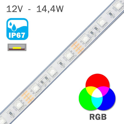 Tira LED Estanca 12V 14,4W IP67 60 LEDs/m RGB Rollo 5 Metros