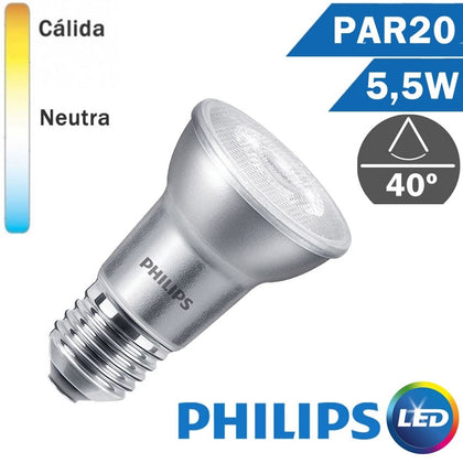 BOMBILLA LED E27 PHILIPS PAR20 5,5W 40º