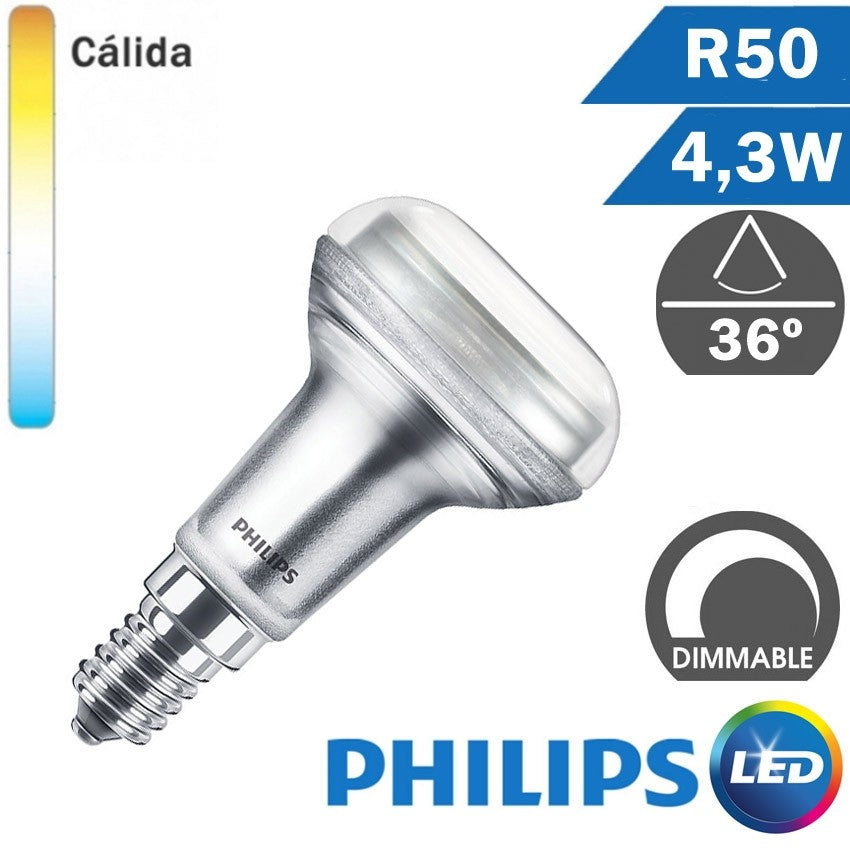 Bombilla LED E14 Philips R50 4,3W Regulable
