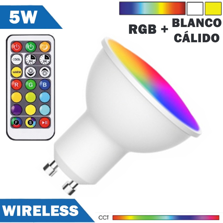 Bombilla LED Inalámbrica GU10 5W RGB + W Con Mando