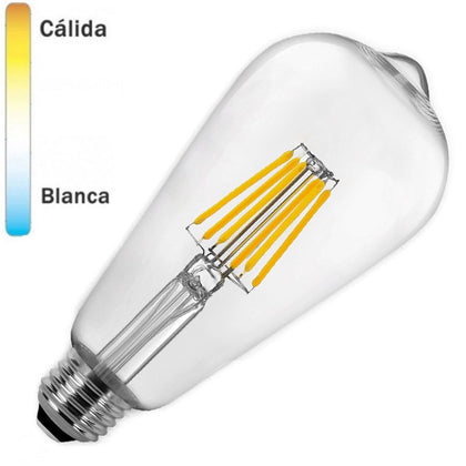 Bombilla LED E27 Pebetero ST64 Filamento Transparente 8W