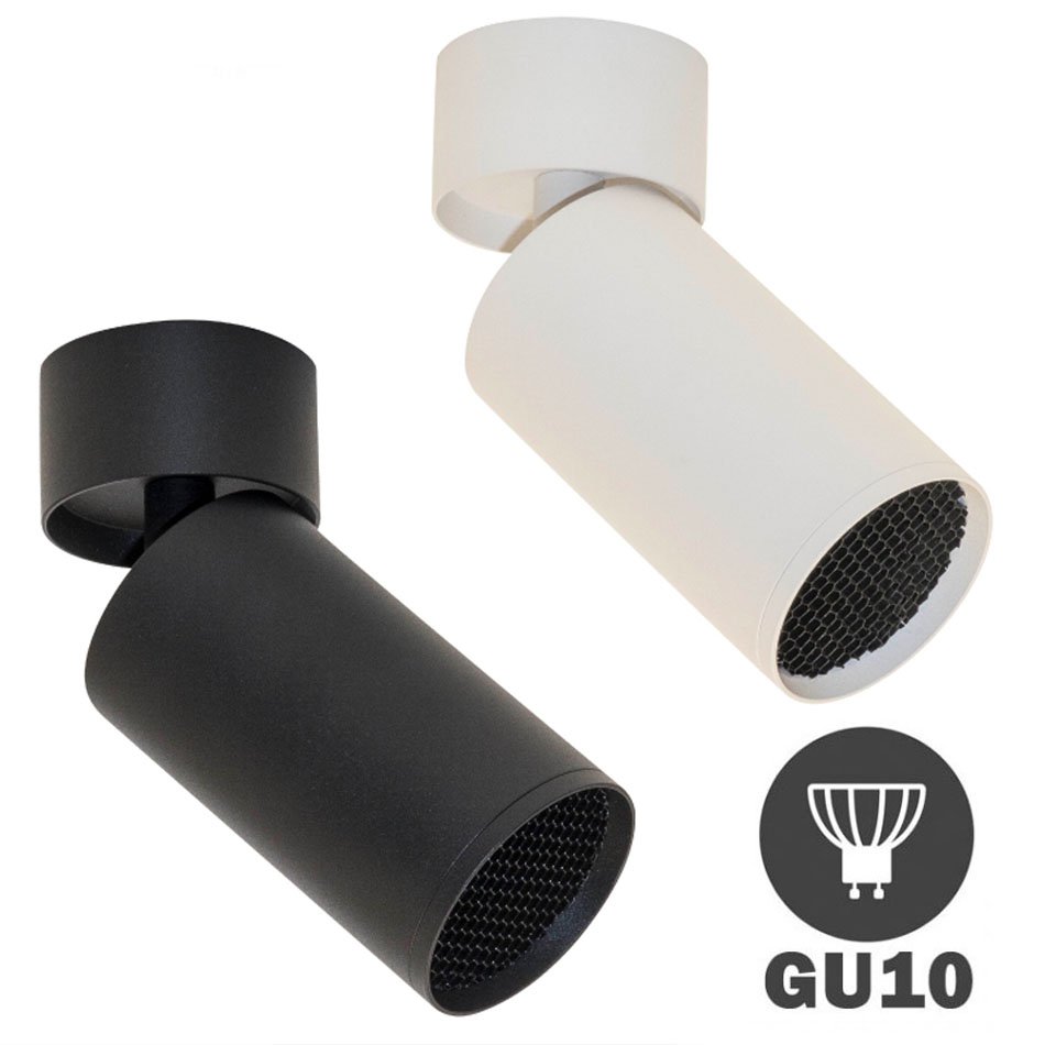 Foco de superficie orientable con base para techo con casquillo GU10 en color negro o blanco.