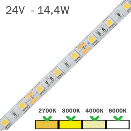 Tira de LED 24V para interiores 14,4W 5050 con 60 leds por metro