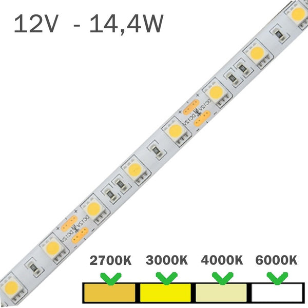 Tira LED 12V 5050 60 chip/m IP20 14.4 W/m RGB+4000K