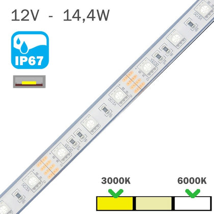 Tira LED Estanca 12V 14,4W 60 LEDs IP67 Rollo 5 Metros