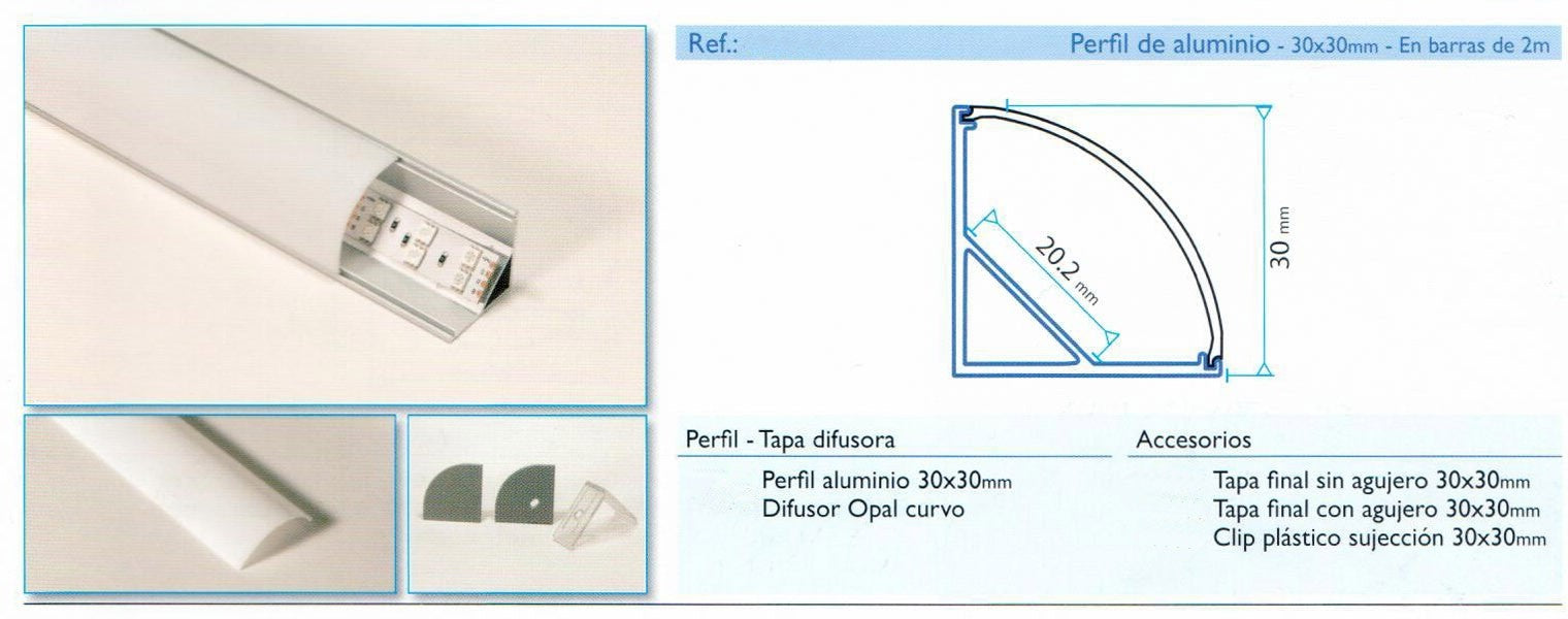 Perfil aluminio para tira de led tipo esquina con difusor