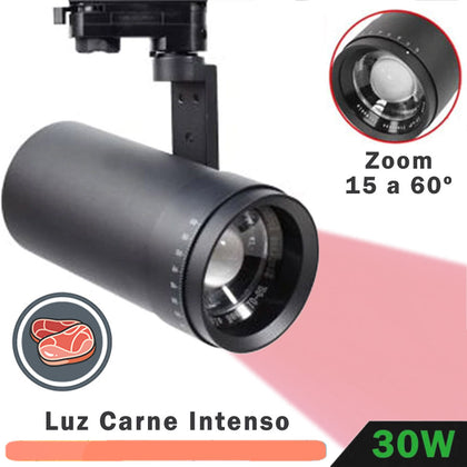 Foco Carril LED Trifásico Negro 30W Zoom Luz Carne Intenso