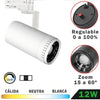 Foco Carril LED Regulable Trifásico Blanco 12W Zoom / Cambio tonalidad luz