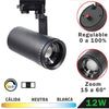 Foco Carril LED Regulable Trifásico Negro 12W Zoom / Cambio tonalidad luz