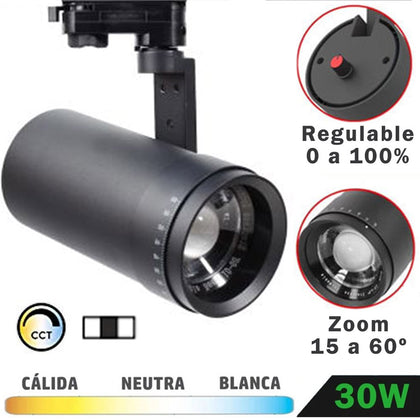 Foco Carril LED Regulable Trifásico Negro 30W Zoom / Cambio tonalidad luz