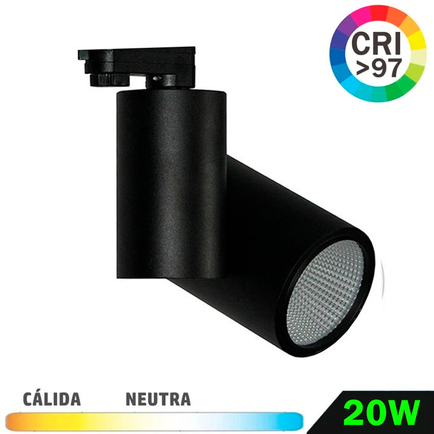 Foco Carril Trifásico LED Negro 20W CRI97