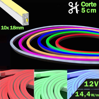 Neón LED 14,4W/m 12V RGB 10*18mm Metro Lineal