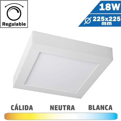 Plafón LED Superficie Cuadrado Blanco 18W Regulable 225x225mm