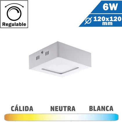 Plafón LED Superficie Cuadrado Blanco 6W Regulable 120x120mm