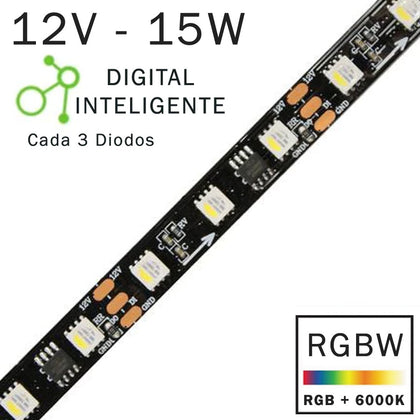 Tira LED Digital 12V 15W 60LEDs IP20 RGB + 6000K 3 Pixel