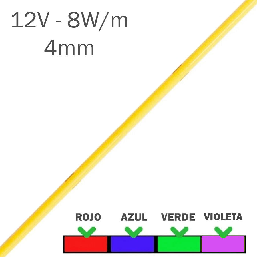 Tira LED COB estrecha en colores 12V azul, roja, verde y violeta