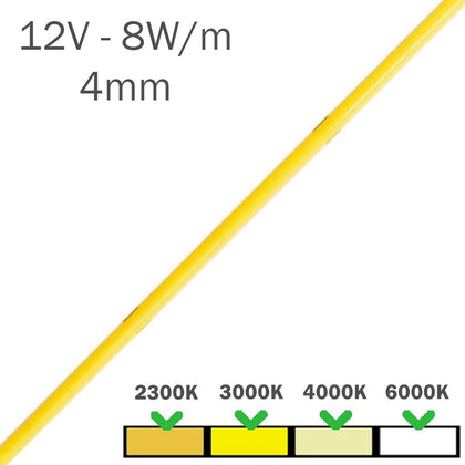 Tira LED 12V COB 8W Slim 4mm Línea Continua Rollo 5 Metros