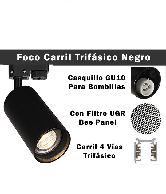 Foco Carril Trifásico Negro Cilíndrico para GU10